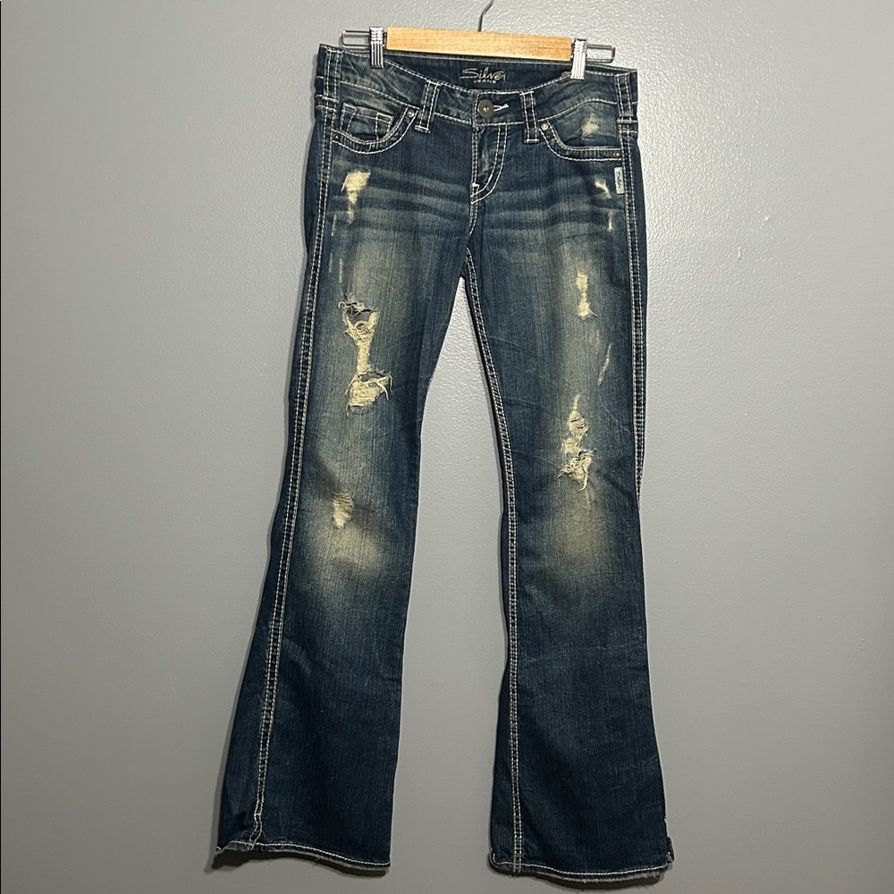 Silver jeans low rise distressed denim dark wash 28